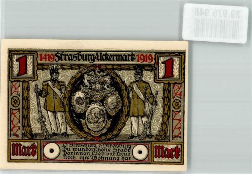 Strasburg 1919 Gutschein über eine Mark Volksschule Ev. Kirche Stadtwappen
