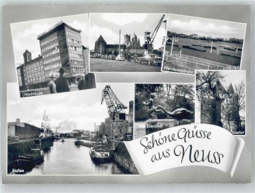 Neuss Hochhaus, Hafen, Pferderennbahn, Obertor, Plastik der Eierdieb