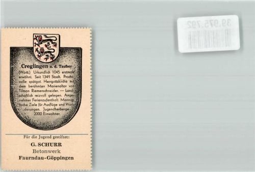 Creglingen Wappensammelmarke mit Chronik Nr. 82 Deutscher Heimatdienst Betonwerk Schurr