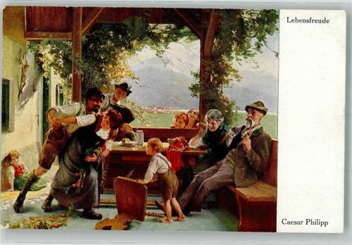 Nr. 555 Lebensfreude sign. Caesar Philipp Pfeife Hakeln Familien Idyll