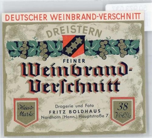 Nordhorn Werbung, Dreistern Weinbrand-Verschnitt aus Geschäft Drogerie und Foto Fritz Boldhaus