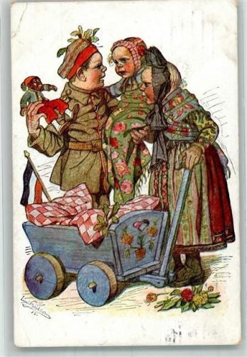 1916 Landser in Uniform mit Kind und Frau in Hessischer Tracht Künstlerkarte