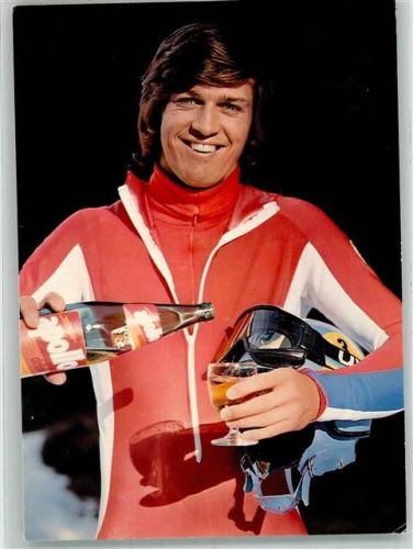 Portrait des Schweizer Skirennfahrers Bernhard Russi Werbekarte Aopllo-Drink Ski KEINE AK