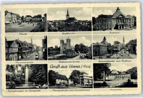 Unna Markt, Stadtkirche, Rathaus, Massenerstraße, Bahnhofstraße, Katholische Kirche, Kurgarten, Morgenstraße, Landratsamt, Springbrunnen