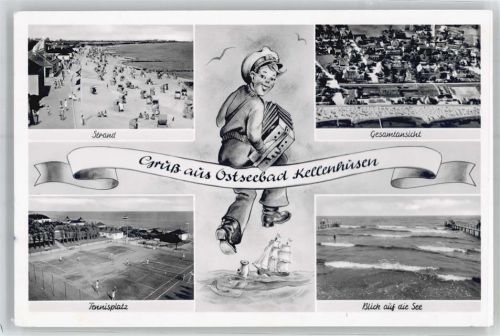 Kellenhusen Strand Tennisplatz Fliegeraufnahme Segelschiff Matrose Ziehharmonika Notopfer-Marke