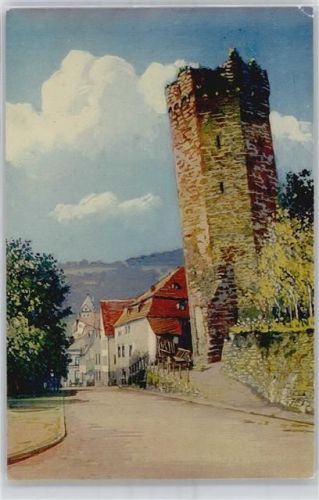 Dausenau Der schiefe Turm, Künstlerkarte, Lichtdruck