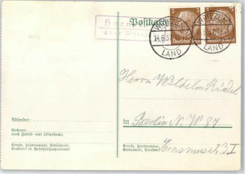 Wriezen 1937 Landpoststempel Harnekop