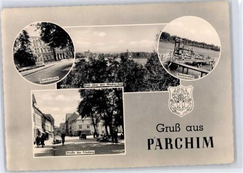 19370 O2850 Parchim - Goetheschule, Badeanstalt, Straße des Friedens, Blick über den Wocker-See, Wappen