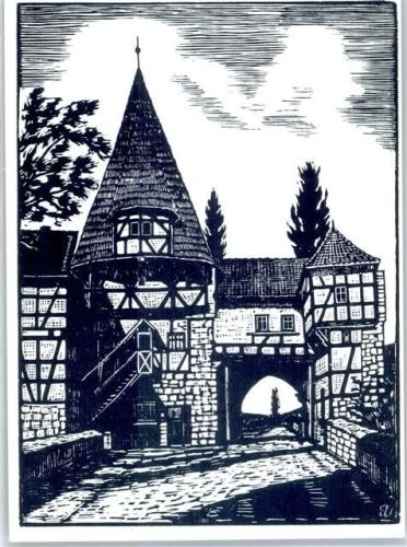 Iphofen Rödelseer Tor Original-Holzschnitt von Elly Jüngling-Wiesner