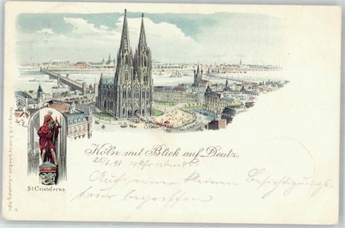 50667 W5000 Köln Deutz 105 Lithographie 1898 Dom St.Cristoforus Blick auf deutz