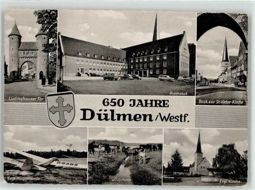 48249 W4408 Dülmen - 650 Jahre Lüdinghauser Tor Rathaus Segelfluggelände Ev. Kirche St.Viktor Kirche Wildpferde VW Käfer