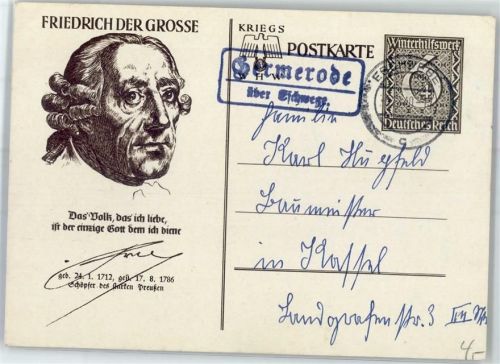 Germerode WK II Landpoststempel Portrait Friedrich der Große
