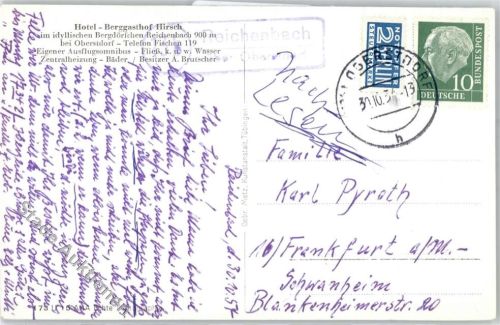 Reichenbach Landpoststempel Hotel Gasthaus Hirsch Notopfer