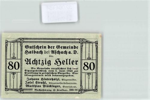Haibach ob der Donau 1920 Gutschein 80 Heller