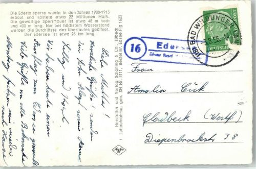 34549 W3593 Edersee - Landpoststempel Fliegeraufnahme Staumauer Talsperre