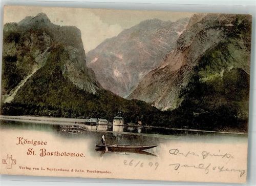 St. Bartholomä 1899 Ruderboot auf dem Königssee vor der Wallfahrtskirche