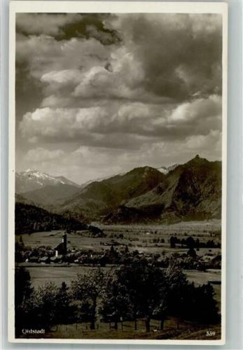 82441 W8115 Ohlstadt Foto AK Panorama des Ortes mit Pfarrkirche St. Laurentius Fotograf Pfingstl