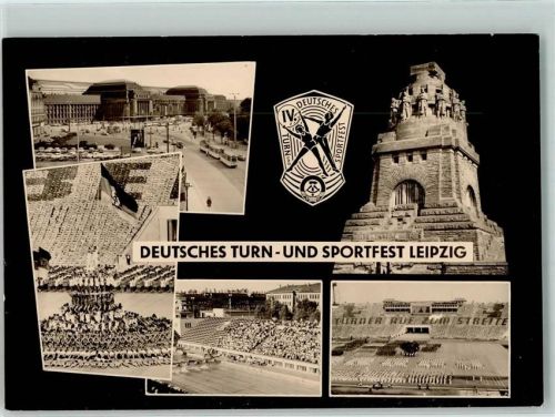 Leipzig 1969 Deutsches Turn- u. Sportfest Straßenbahn Athleten Völkerschlachtdenkmal
