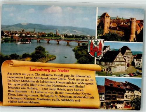 Ladenburg Panorama des Ortes mit Neckarbrücke Martinstor Fachwerkhäuser Chronik