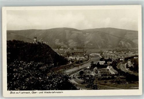 Oberlahnstein 1928 Panorama des Ortes mit Niederlahnstein Burg Lahneck und Lahnbrücke Verlag Edm. von König Nr. 7170