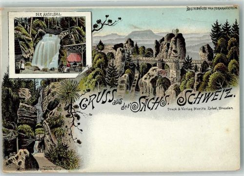 Bastei Basteibrücke Felsentor Amselfall Wasserfall Gruss Vorläufer Lithographie