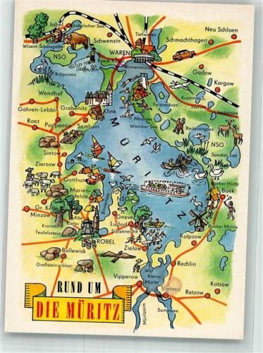 Waren sign. Fischer Stilisierte Landkarte Rund um Müritz VEB Bild und Heimat