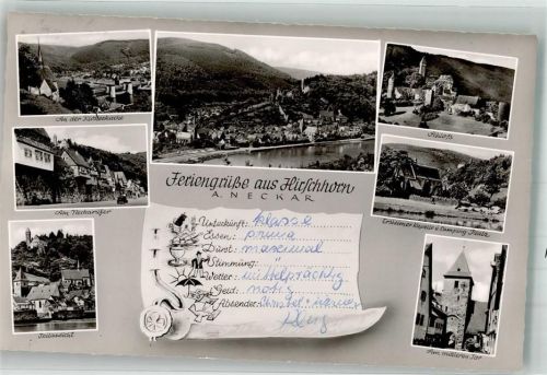 Hirschhorn Panorama des Ortes mit Schloß Hirschhorn und Kirche St. Maria Immaculata Klosterkirche Neckarufer Ersheimer Kapelle Campingplatz Mittleres Tor Verlag Gerling