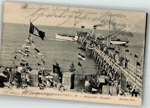 Brunshaupten 1913 Anlegestelle Dampfer Fahnen Strandkörbe