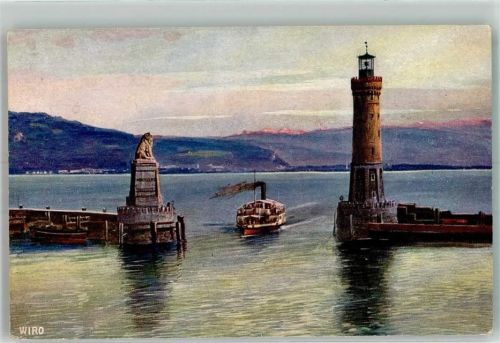 Lindau 1920 Nr. 2368B Hafeneinfahrt mit Leuchtturm und Bayerischem Löwen Bodenseeschiff