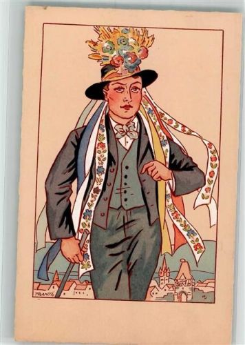sign. Frantz Junger Mann mit Blumen am Hut auf Wanderschaft Ets Artistiques Parisiens 4629