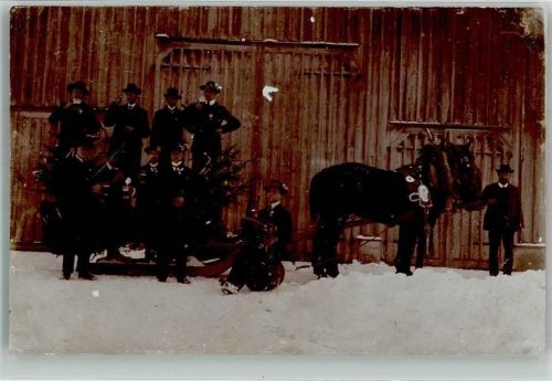 Männer mit Bier auf einem zweispännigen Pferdeschlitten Winter