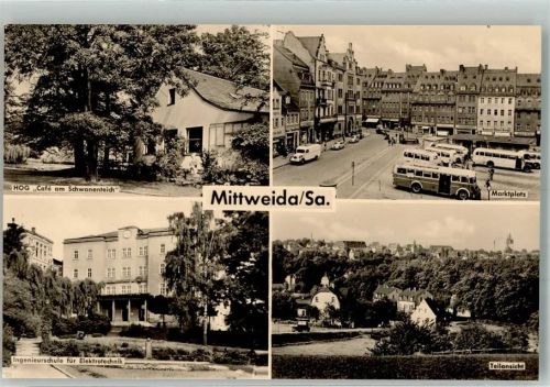 Mittweida HO-Gasthaus Cafe am Schwanenteich Ingenieurschule für Elektrotechnik Marktplatz Omnibus Fotograf Kühn VEB Bild und Heimat