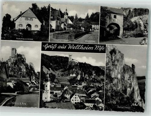 Wellheim Panorama des Ortes mit Kirche St. Andreas und Burg Wellheim Naturfreundehaus Marktplatz Altes Tor Dohlen-Felsen