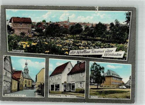 Wallau Panorama des Ortes mit Ev. Kirche Schule Geschäft Schröder