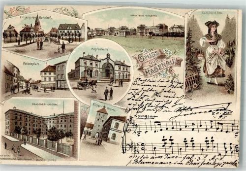 Haguenau 1897 Tracht Bahnhof Kaserne Paradeplatz beschnitten Lithographie