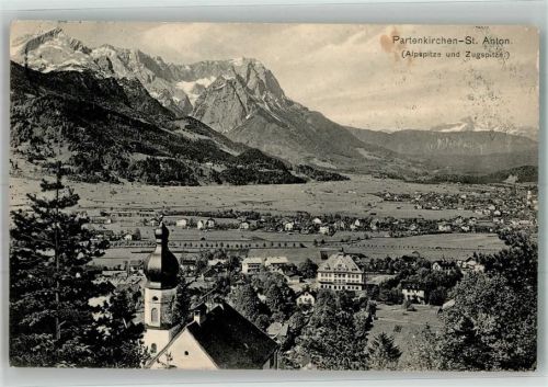 Partenkirchen 1910 mit Kirche St. Anton Alpspitze und Zugspitze Fotograf Johannes