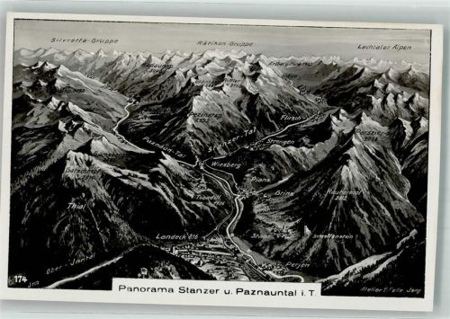 Landeck Panorama-Karte 174 Stanzer Paznaunthal sign. Felle, E.