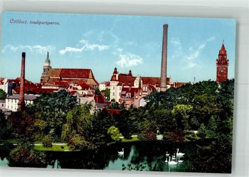 Cottbus 1910 Stadtpark mit Oberkirche St. Nikolai und Schlossturm
