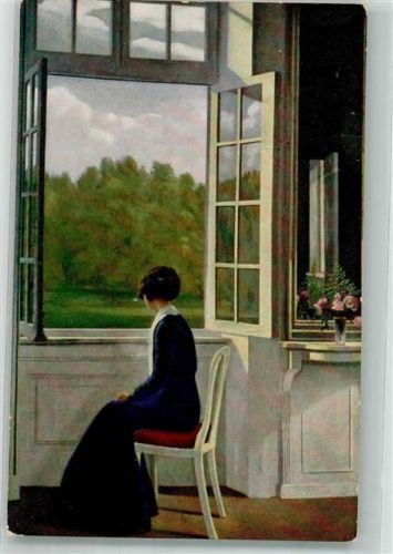 1914 sign. Sinding-Larsen Sonnenschein Junge Frau blickt zum Fenster hinaus Verlag Schürer & Co. No. 9514