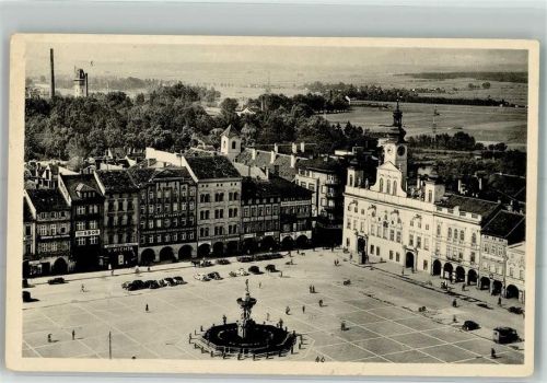 Ceske Budejovice 1941 Feldpost WK II Marktplatz Denkmal Brunnen Auto