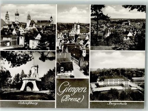 Giengen Panorama des Ortes mit Rathaus und der Stadtkirche Schießberg Bergschule