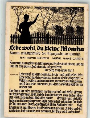 1942 Text des Liedes Lebe wohl du kleine Monika von Boerner/Carste Lieder AK Feldpost 4. Inf.-Ers.-Batl. 65