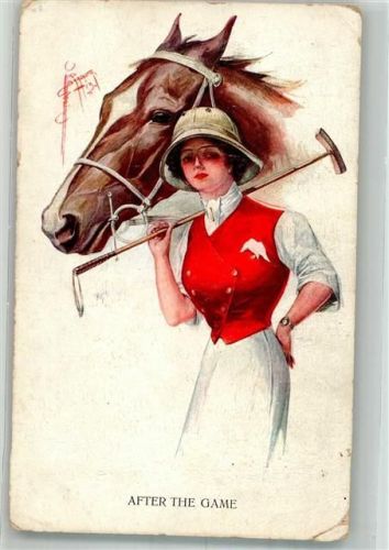 1915 sign. Barber Court Polospielerin mit Pferd Nach dem Spiel Series No 2023/3