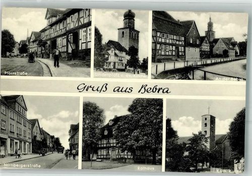 Bebra 1952 Pfarrstrasse Ev. Kirche Lindenplatz Nürnberger Straße Rathaus Kath. Kirche beschnitten