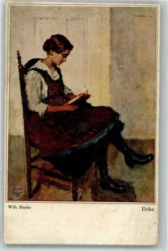 sign. Blanke, Wilhelm Die junge Frau Erika liest ein Buch Verlag Wohlgemuth & Lissner No. 5051