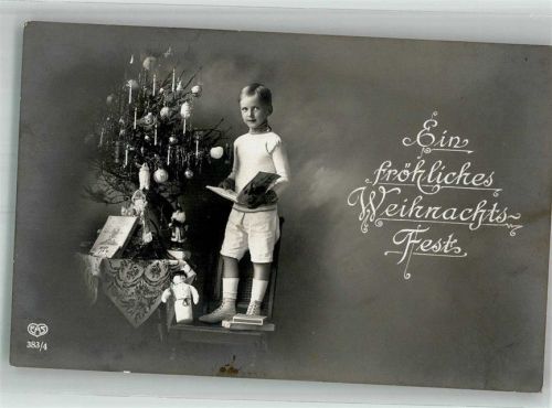 1915 Junge mit Geschenken Schneemann und Bilderbuch vor dem Weihnachtsbaum Nr. 383/4