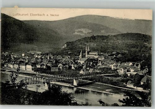 Eberbach 1913 Panorama des Ortes mit Neckarbrücke und St.-Johannes-Nepomuk-Kirche