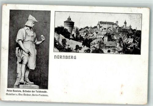 Nürnberg 1905 Skulptur von Peter Henlein Erfinder der Taschenuhr von Max Meißener Panorama der Altstadt unter der Kaiserburg