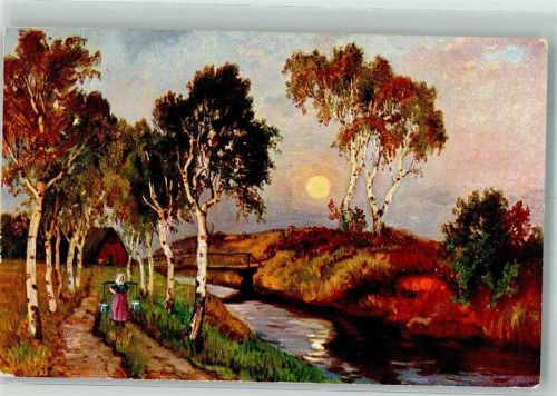 1906 sign. Lanckow, Ludwig Frau auf Birkenallee neben einem Bach vor der untergehenden Sonne T.S.N. Serie 551