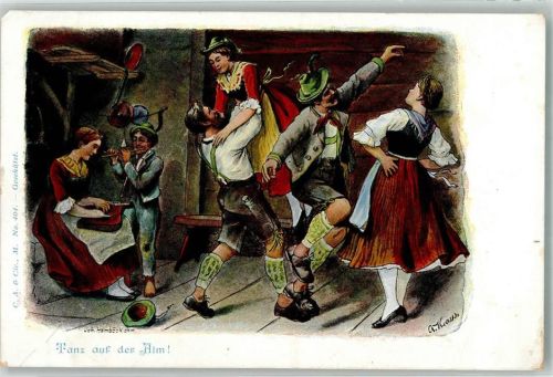 sign. Kraus G. Auf der Alm Zither Flöte Tracht C.A. u. Cie. No. 404